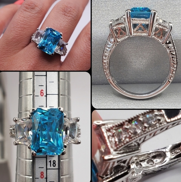 Radiant Blue Topaz Silver Ring - Picture 2 of 2